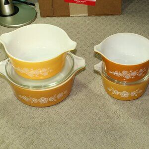 6 PC Vtg 1970's Pyrex BUTTERFLY GOLD Casserole Dish Set w/ 2 Lids 473-475 MINT